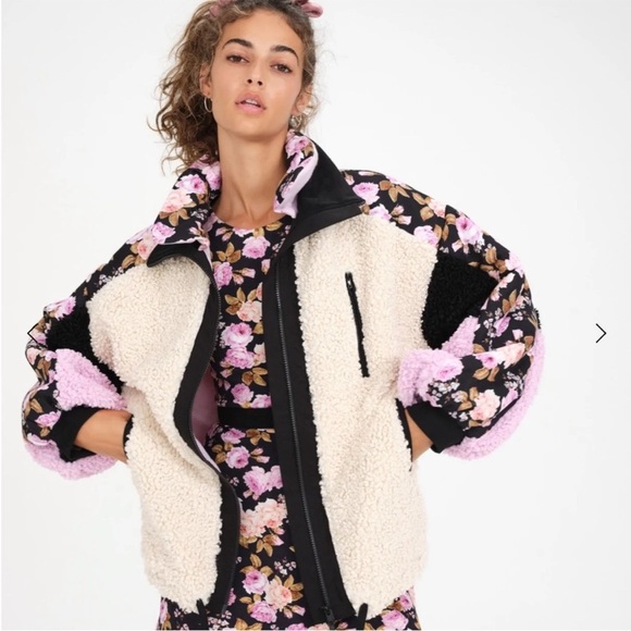 For Love and Lemons Cozy Zip-Up Jacket Colorblock floral stand collar Teddy bear - Picture 1 of 12